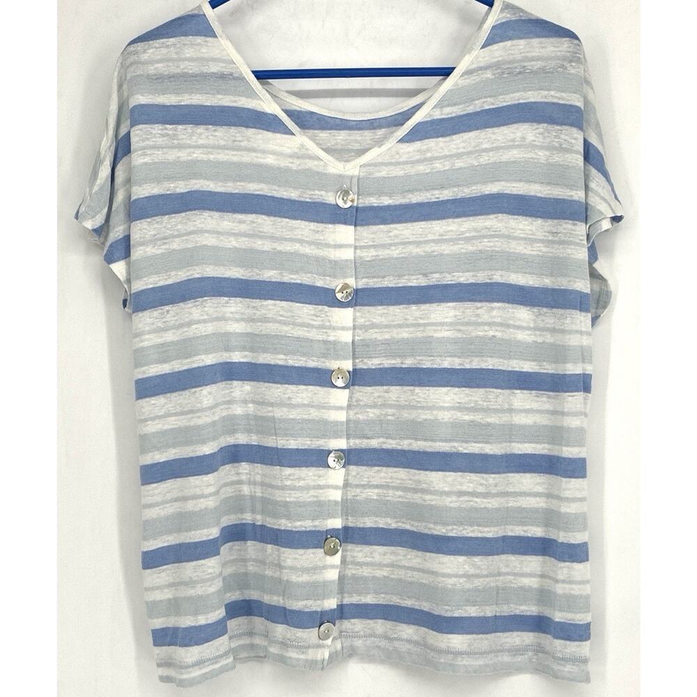 C&C California Wmn Blue Stripe Reversible Top 100% Linen Coastal Beach L - Picture 2 of 5